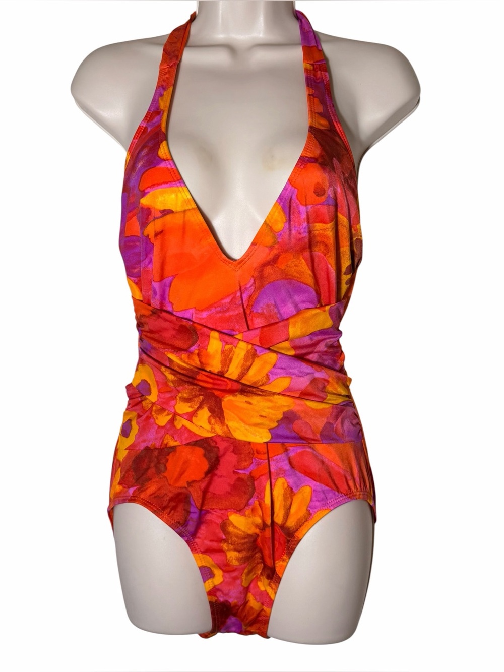 St. John One-piece halter ruching Swimsuit Orange and pink floral size 4